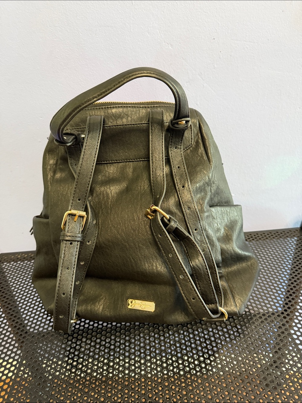 Olive Green Leather Backpack with Gold Hardware - Brand Unknown